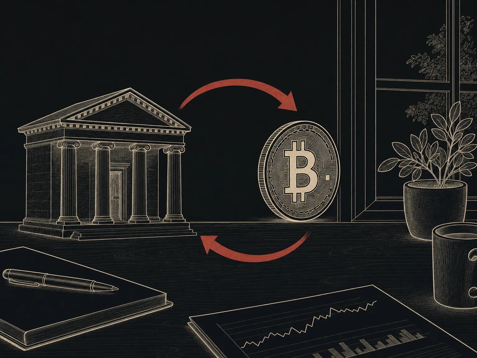 A bank building and a coin joined by a looping arrow on a desk, drawn in ink, illustrating money moving between a bank account and crypto.