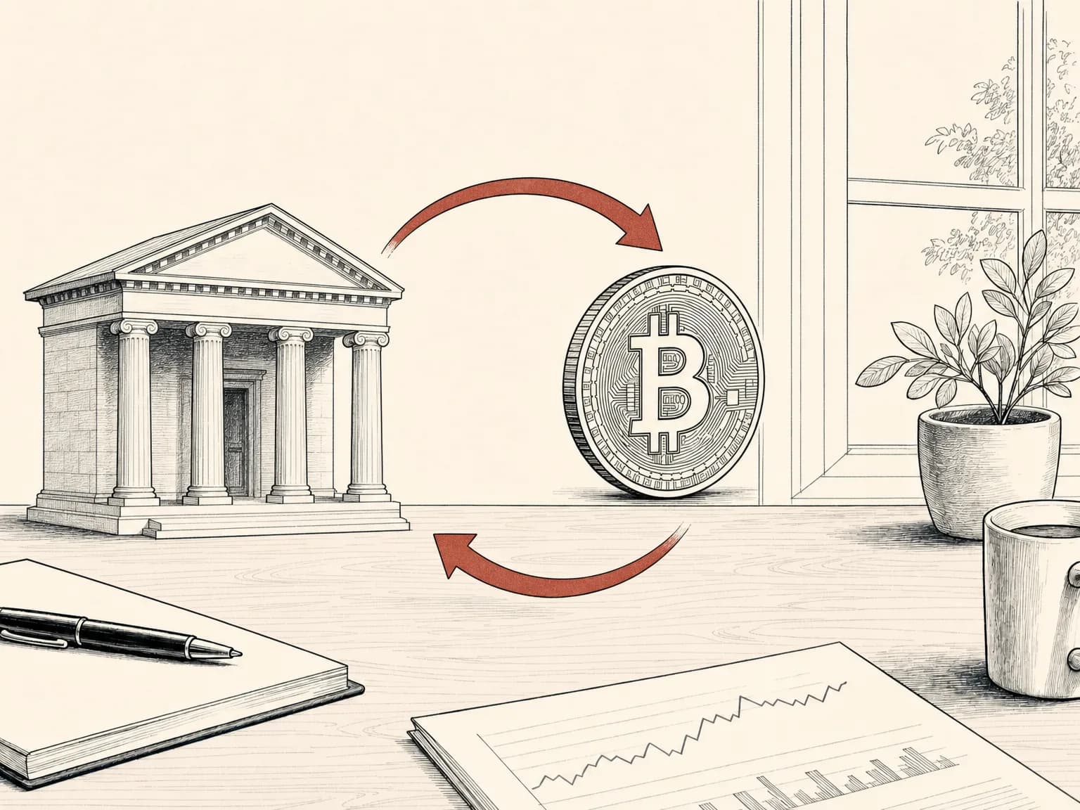 A bank building and a coin joined by a looping arrow on a desk, drawn in ink, illustrating money moving between a bank account and crypto.