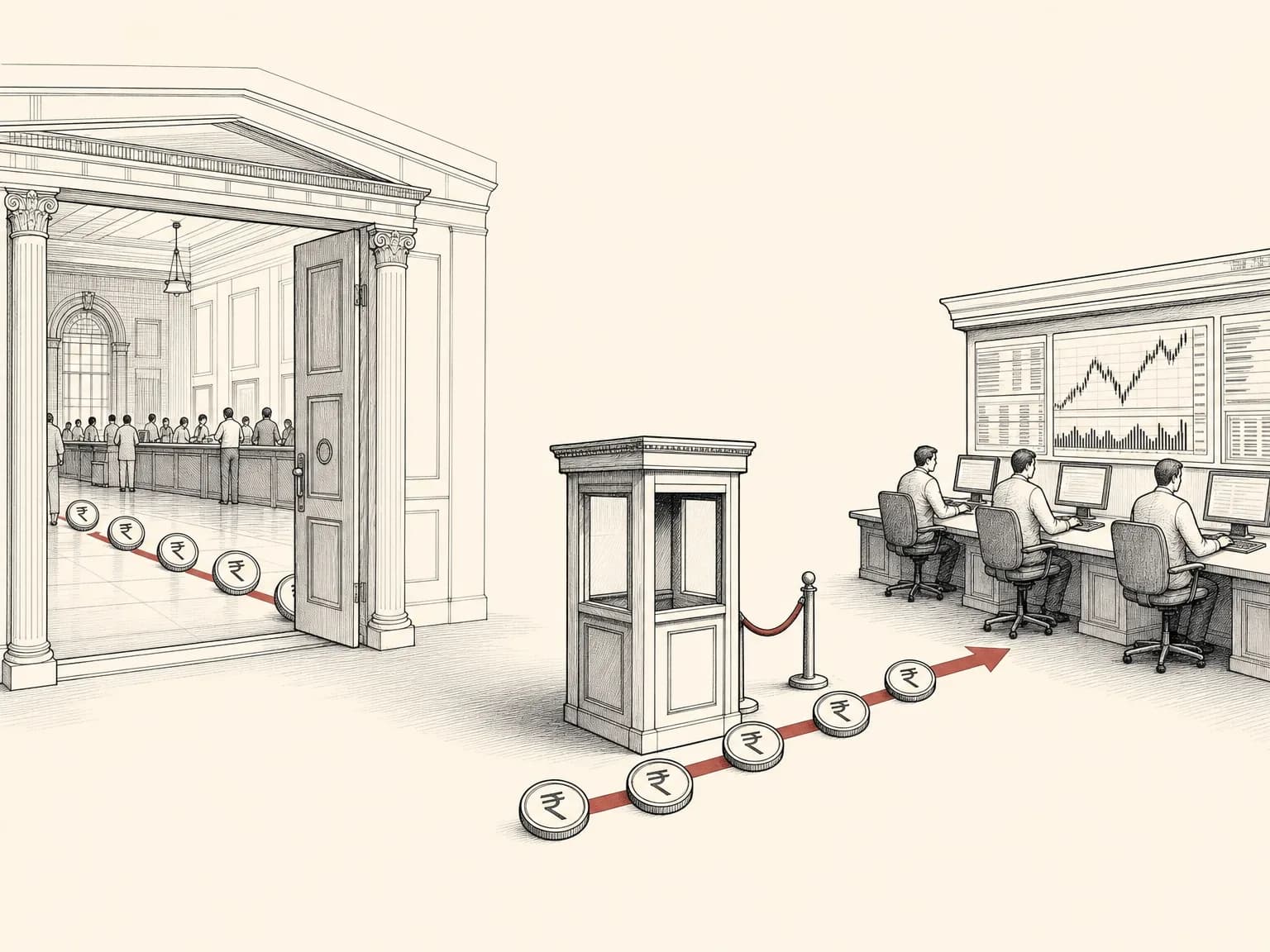 A doorway links a rupee currency hall straight to an exchange counter as coins pass through, while a small booth off to the side sits empty and bypassed.