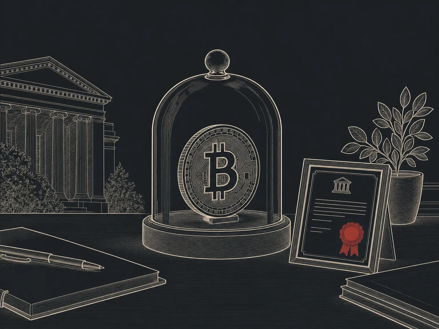 A coin sealed inside a glass display dome beside a small certificate, drawn in ink, illustrating a regulated fund that holds a token in custody.