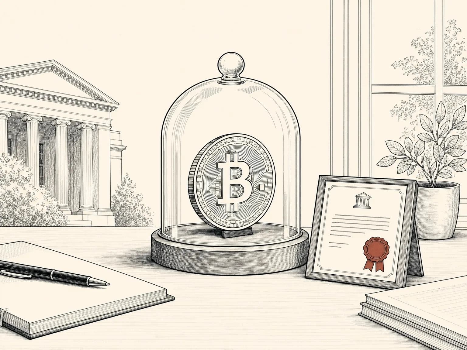 A coin sealed inside a glass display dome beside a small certificate, drawn in ink, illustrating a regulated fund that holds a token in custody.