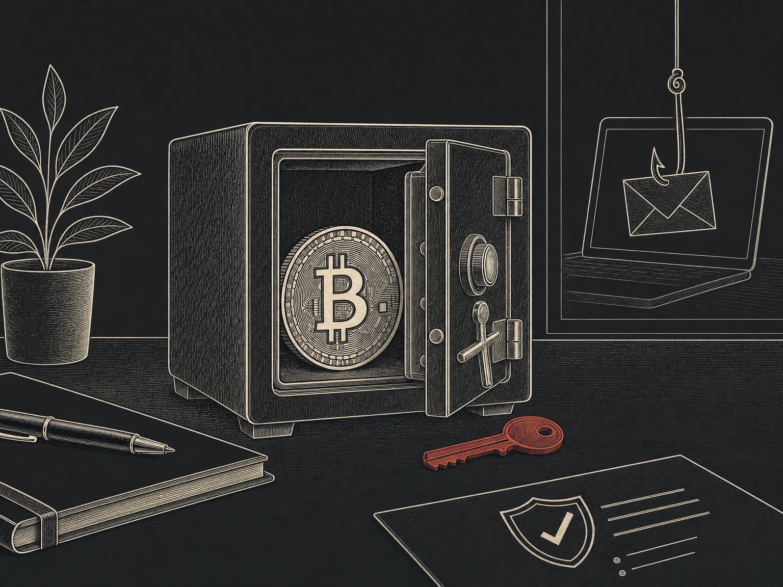 A coin inside a small steel safe with the door ajar and a key on the desk, drawn in ink, illustrating keeping crypto secure.