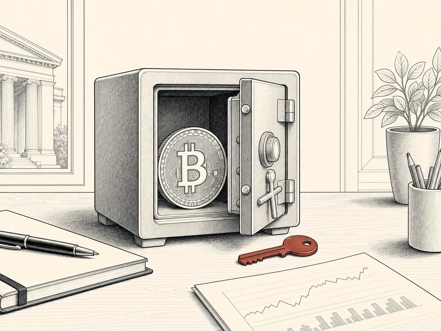 A coin inside a small steel safe with the door ajar and a key on the desk, drawn in ink, illustrating keeping crypto secure.