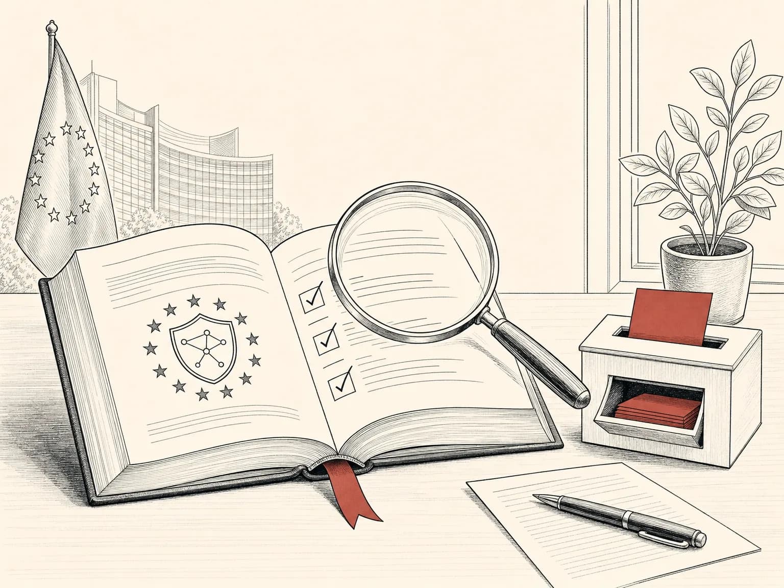 A thick rulebook lying open under a magnifying glass with a small suggestion slot beside it, showing an existing set of rules being reviewed with feedback invited.