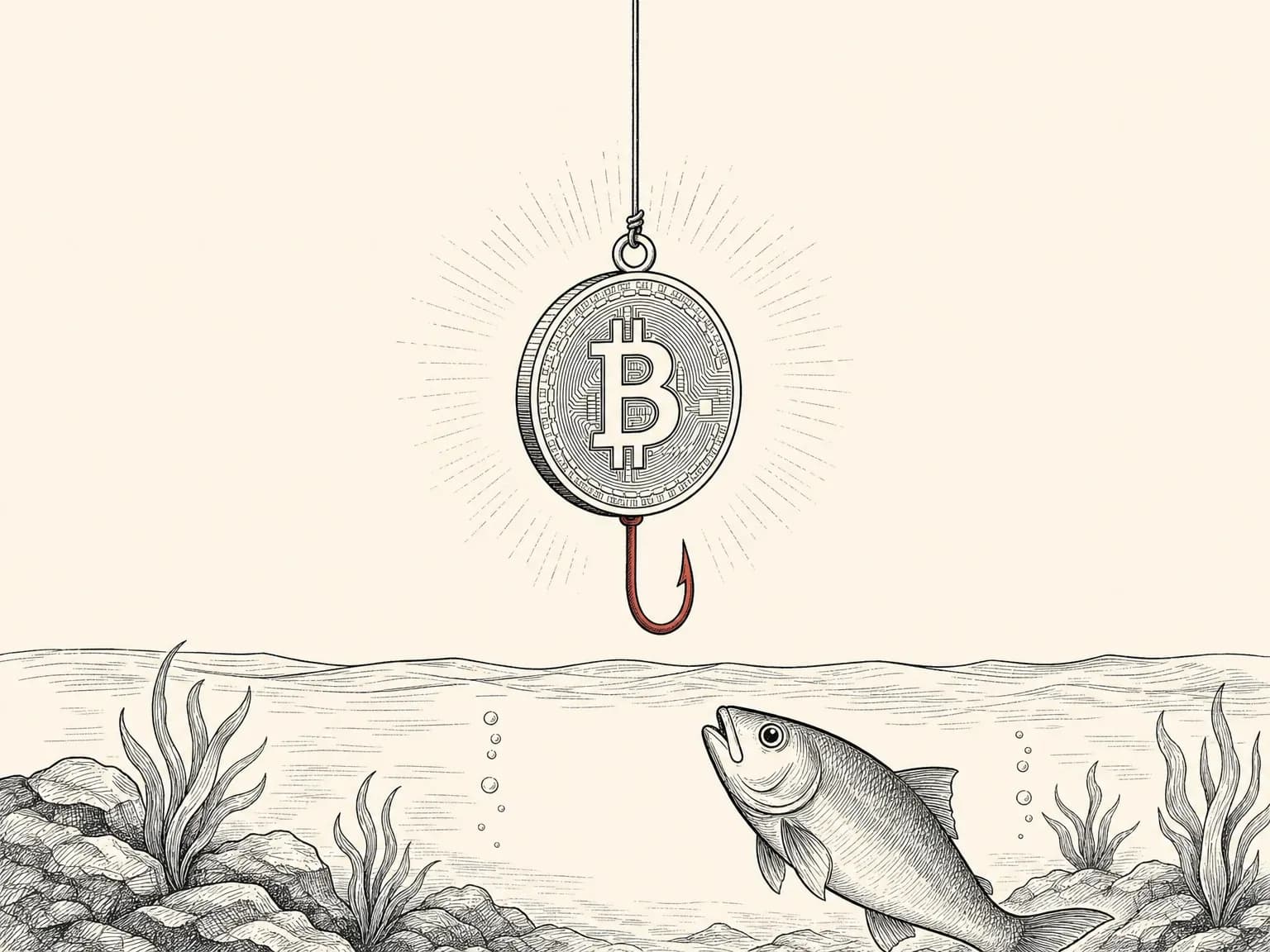 A shining coin dangles on a line like bait, a fishhook curving out from its underside.