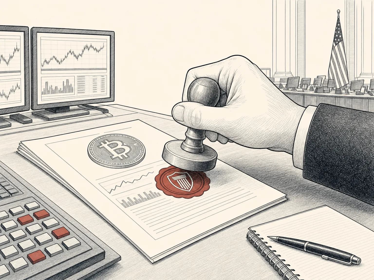 An official regulatory seal pressed onto a bitcoin futures contract document on a trading desk.