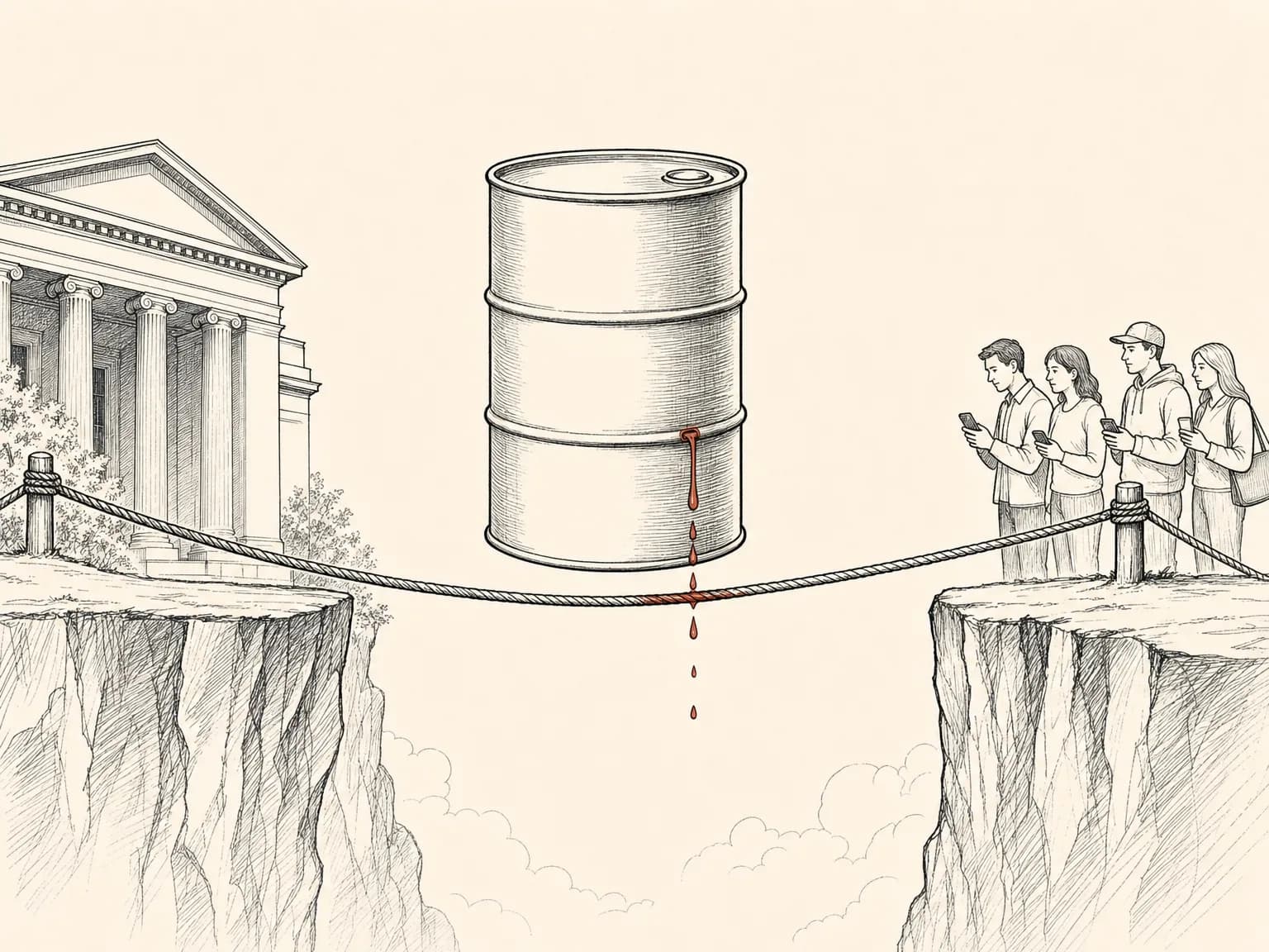 An oil barrel balanced on a tightrope over a deep gap with a steady drip leaking from its side, showing a leveraged oil bet whose hidden costs bleed away beneath the trader.