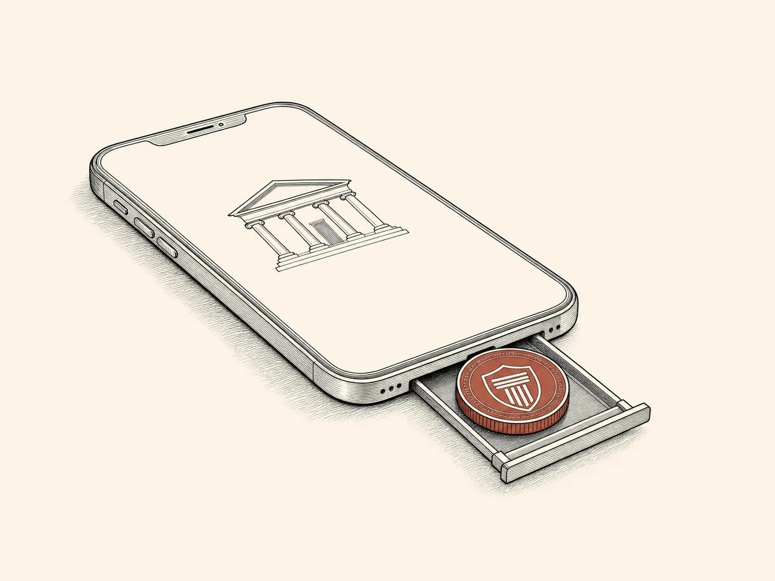 A smartphone with a single coin slotting into a slim tray sliding from its edge, showing a dollar stablecoin made available to buy and hold inside a banking app.