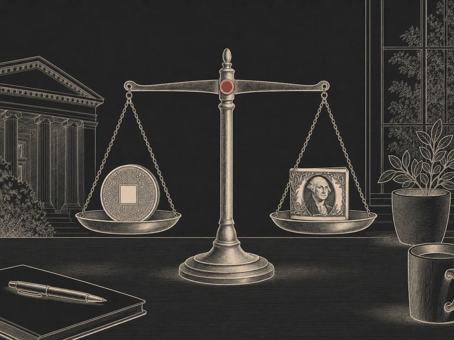 A coin and a folded dollar bill balanced level on a two-pan scale, drawn in ink, illustrating a token pegged to the dollar.