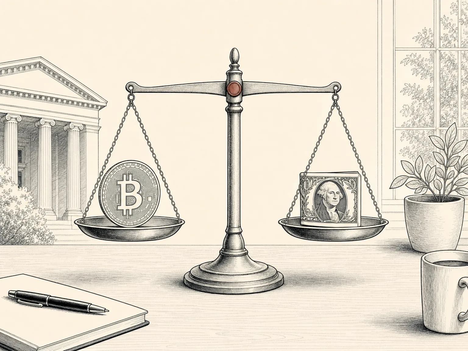 A coin and a folded dollar bill balanced level on a two-pan scale, drawn in ink, illustrating a token pegged to the dollar.