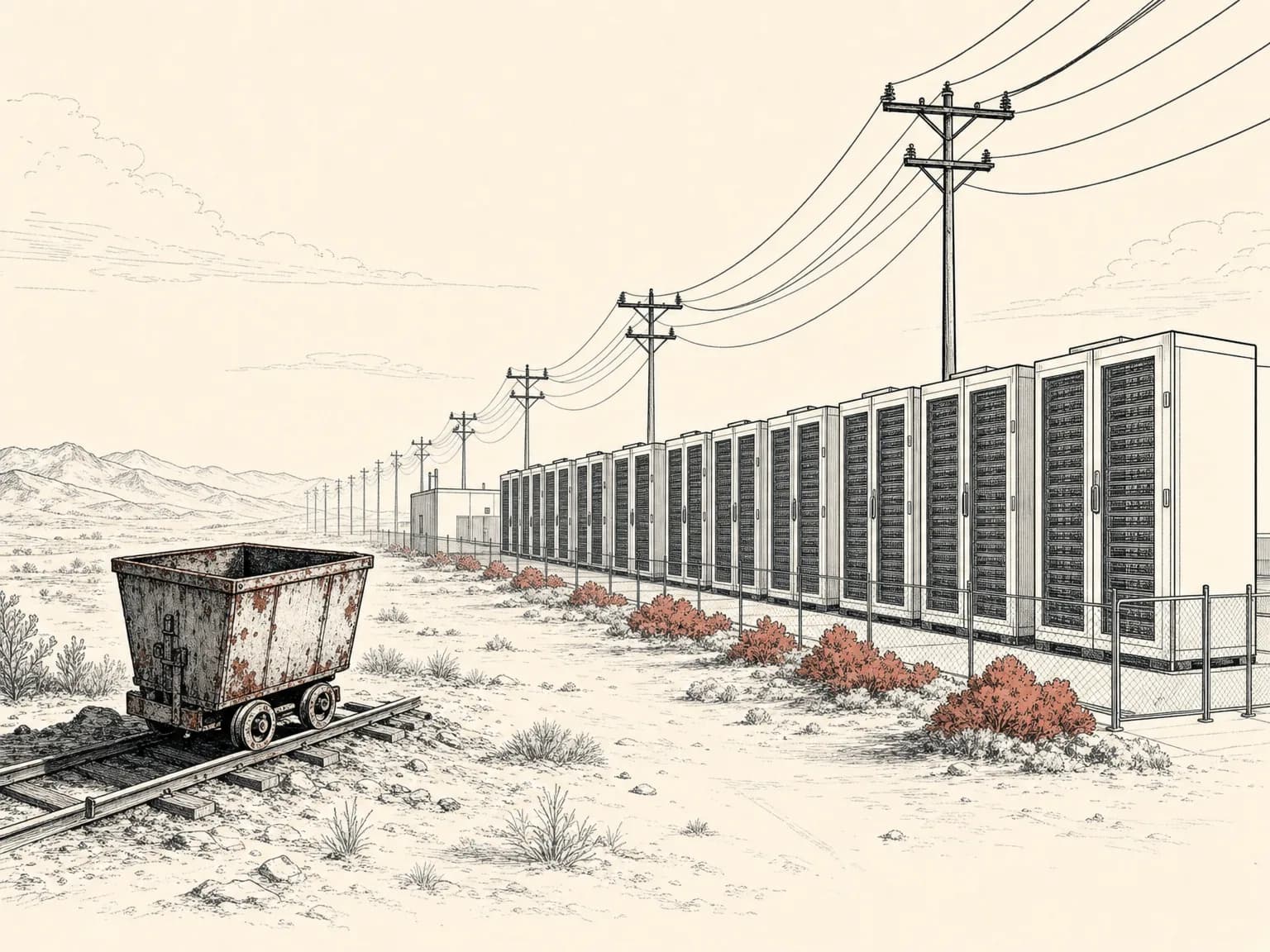 A wide field with a small abandoned mine cart to one side and rows of tall server cabinets rising under heavy incoming power lines, showing a miner turning a powered site into a computing campus.
