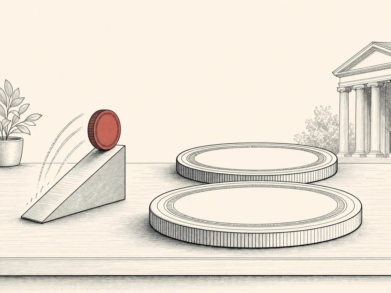 One small coin standing on a steep little ramp beside two far larger flat coins that dwarf it, showing fast growth from a tiny base next to the market leaders.