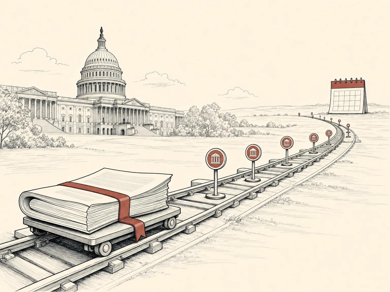 A folded bill document travels along a track with several stops still ahead toward a far-off calendar date, below a domed capitol building.