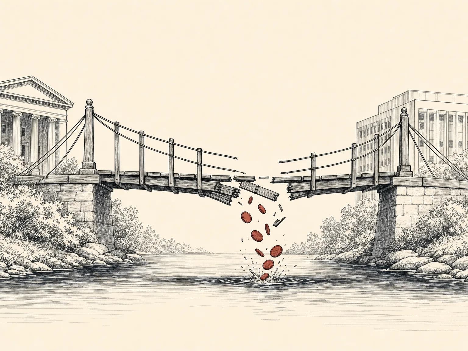 A footbridge between two riverbanks with planks ripped from the middle and coins tumbling through the gap into the water, showing a bridge drained of funds in another cross-chain failure.