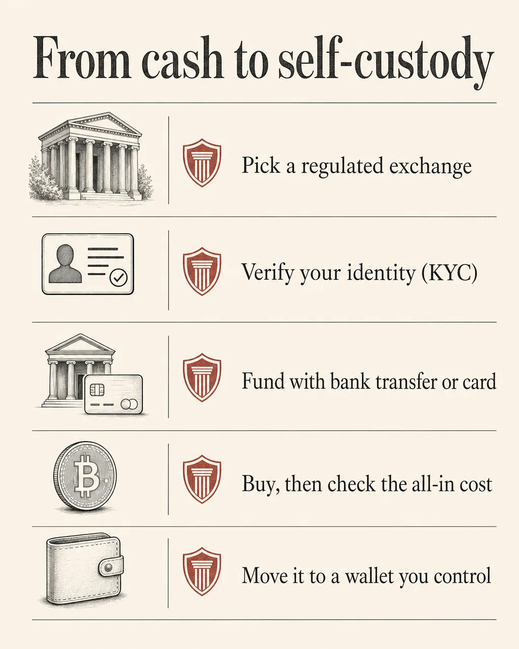 The five steps of buying crypto: pick a regulated exchange, verify your identity, fund the account, buy and check the all-in cost, then move the coins to a wallet you control.