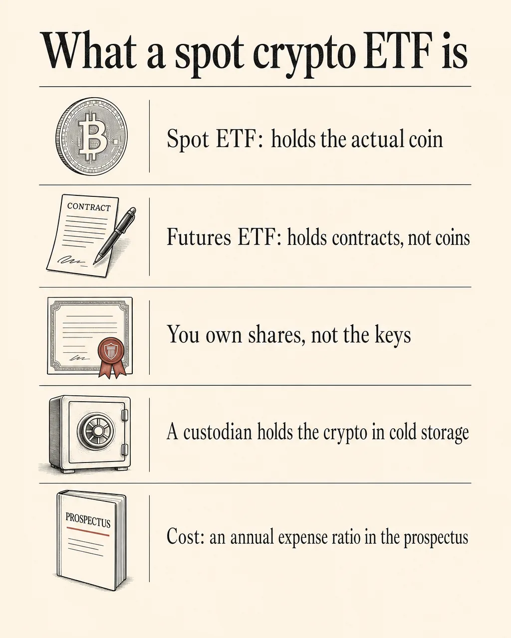 What a spot crypto ETF is: a spot ETF holds the actual coin while a futures ETF holds contracts; you own shares rather than the keys; a custodian holds the crypto in cold storage; the cost is an annual expense ratio in the prospectus.