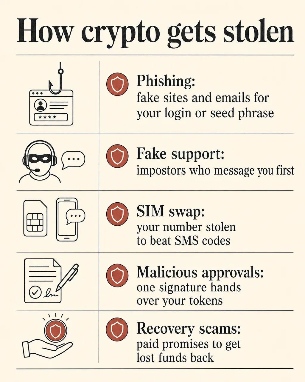 Five common ways crypto gets stolen: phishing for logins or seed phrases, fake support impostors, SIM-swap attacks on SMS codes, malicious token approvals, and paid recovery scams.