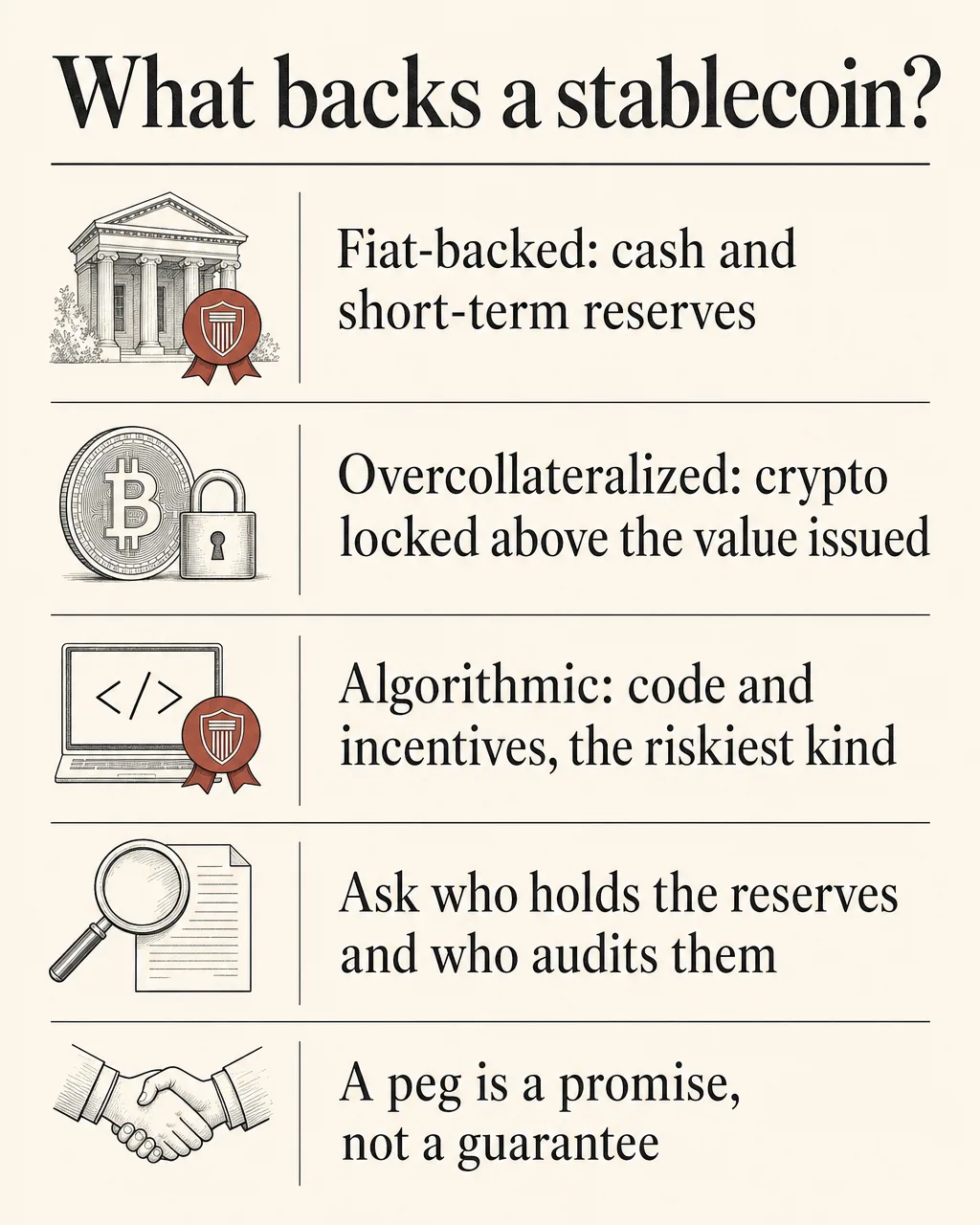 What backs a stablecoin: fiat-backed coins hold cash and short-term reserves; overcollateralized coins lock crypto above the value issued; algorithmic coins rely on code and incentives; ask who holds the reserves and who audits them; a peg is a promise, not a guarantee.
